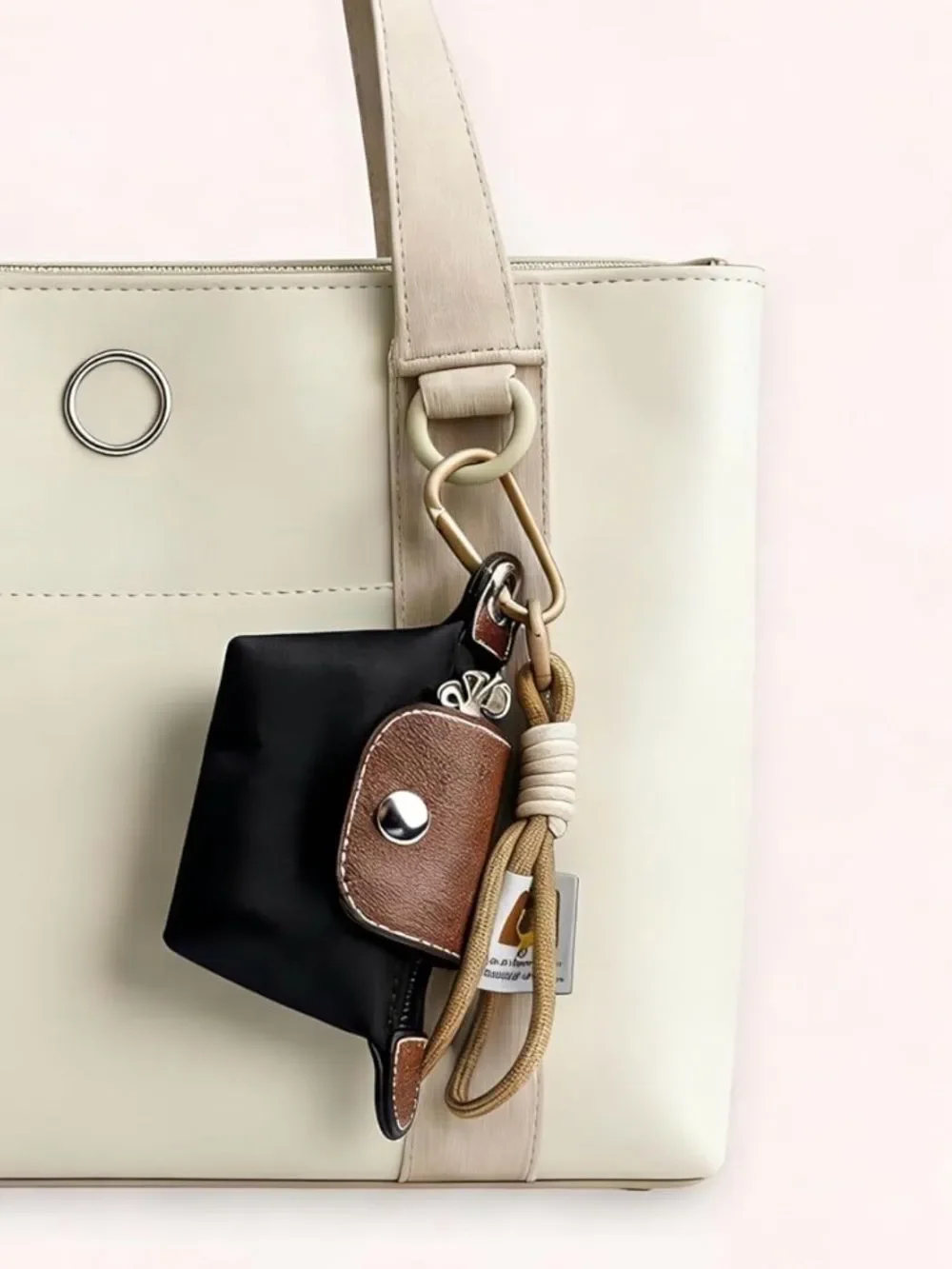 Longchamp Mini Style Black Canvas Women's Pouch Brown Leather Trim Flower Charm